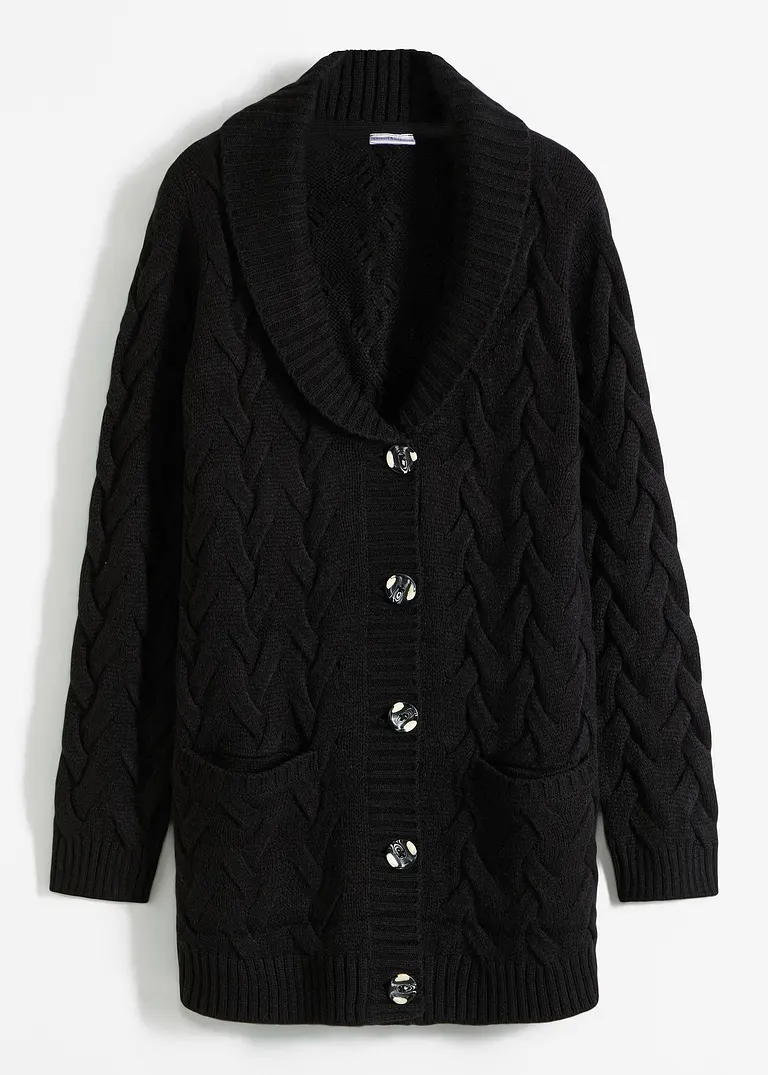 Longstrickjacke mit Schalkragen und Zopfmuster in schwarz von vorne - bonprix