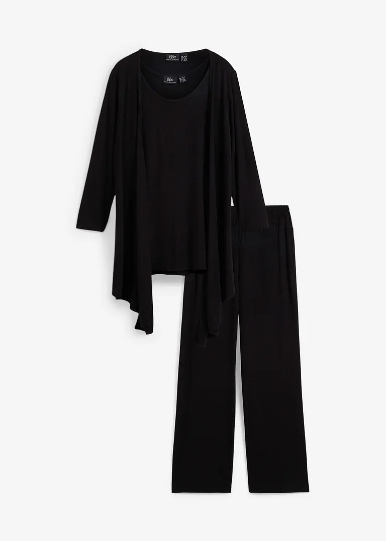 Loungewear Hausanzug (3-tlg.Set) mit Viskose in schwarz von vorne - bonprix