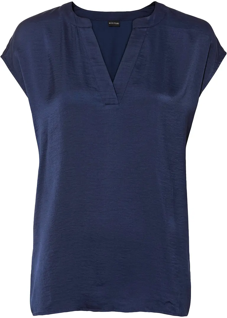 Lockere Satin-Kurzarmbluse mit überschnittenen Schultern in blau von vorne - bonprix