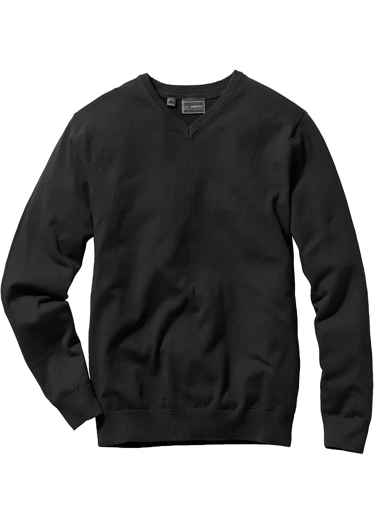 Feinstrickpullover mit V-Ausschnitt in schwarz von vorne - bonprix