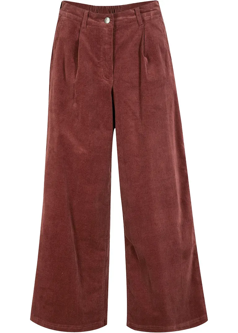 Weite Stretchcord-Culotte mit High-Waist-Bequembund, 7/8-Länge in braun von vorne - bonprix