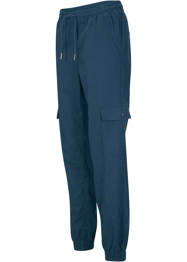 Knöchelfreie Cargohose mit Leinen in blau von vorne - bonprix