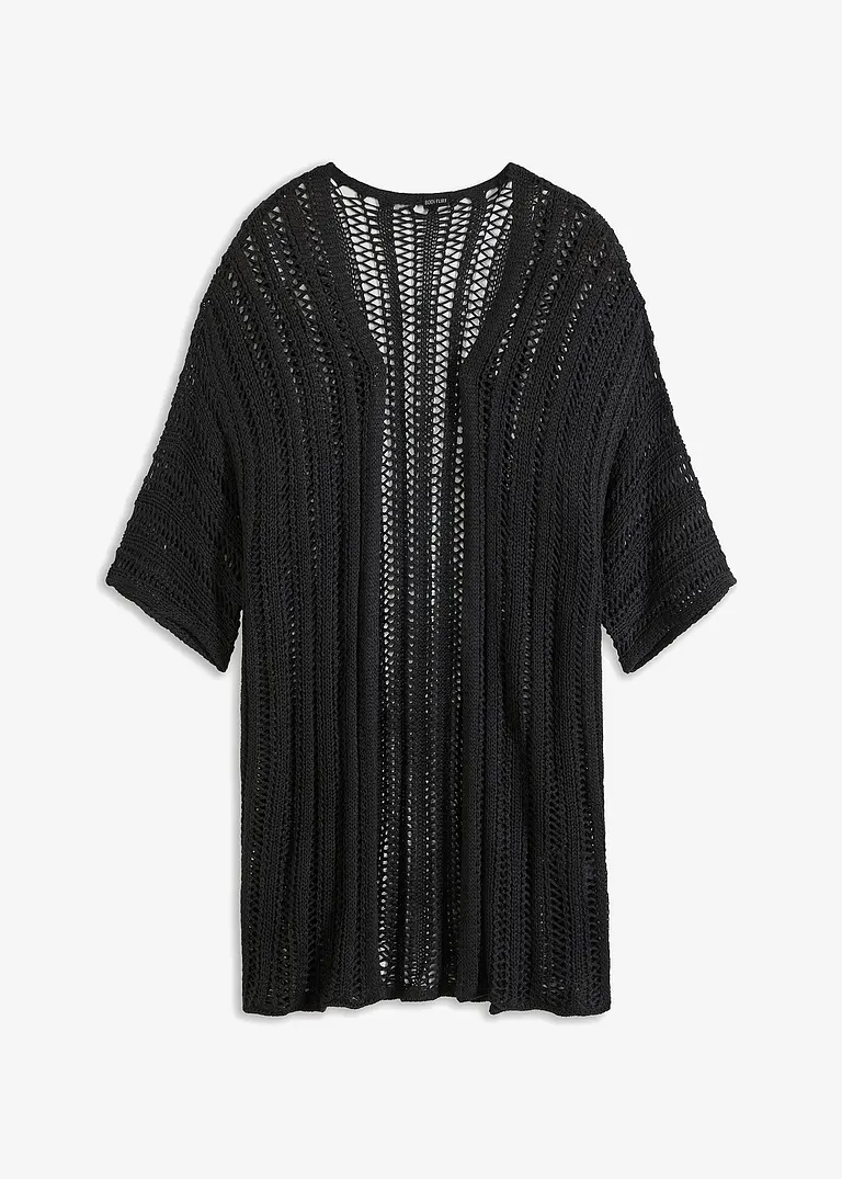 Longstrickjacke mit Lochmuster in schwarz von vorne - bonprix