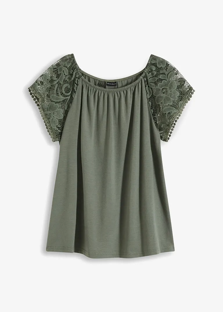 Shirt mit Spitzenärmeln in grün von vorne - bonprix