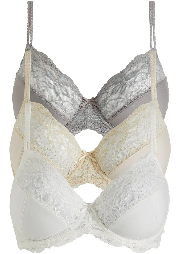 Bügel-BH mit zarter Spitze (3er Pack) in grau von vorne - bonprix