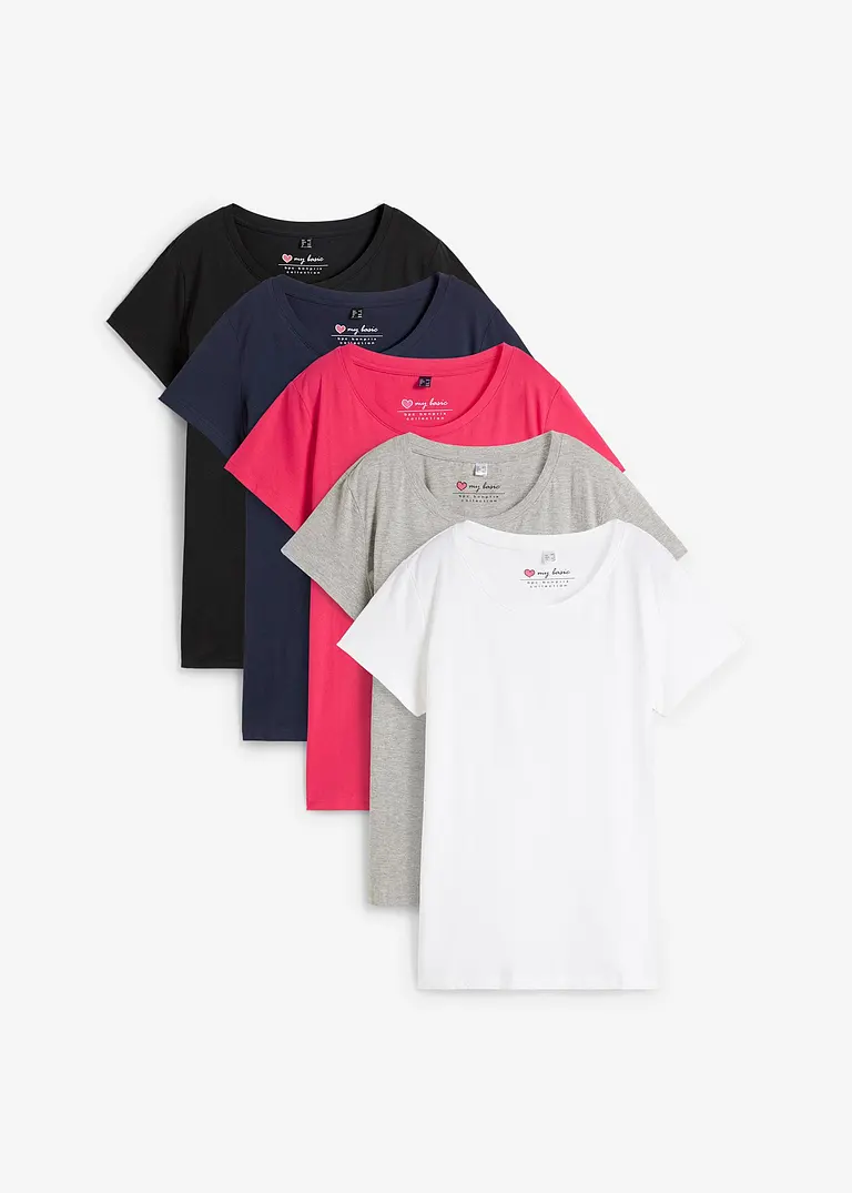 Rundhals-Shirt, Kurzarm (5er Pack) in pink von vorne - bonprix
