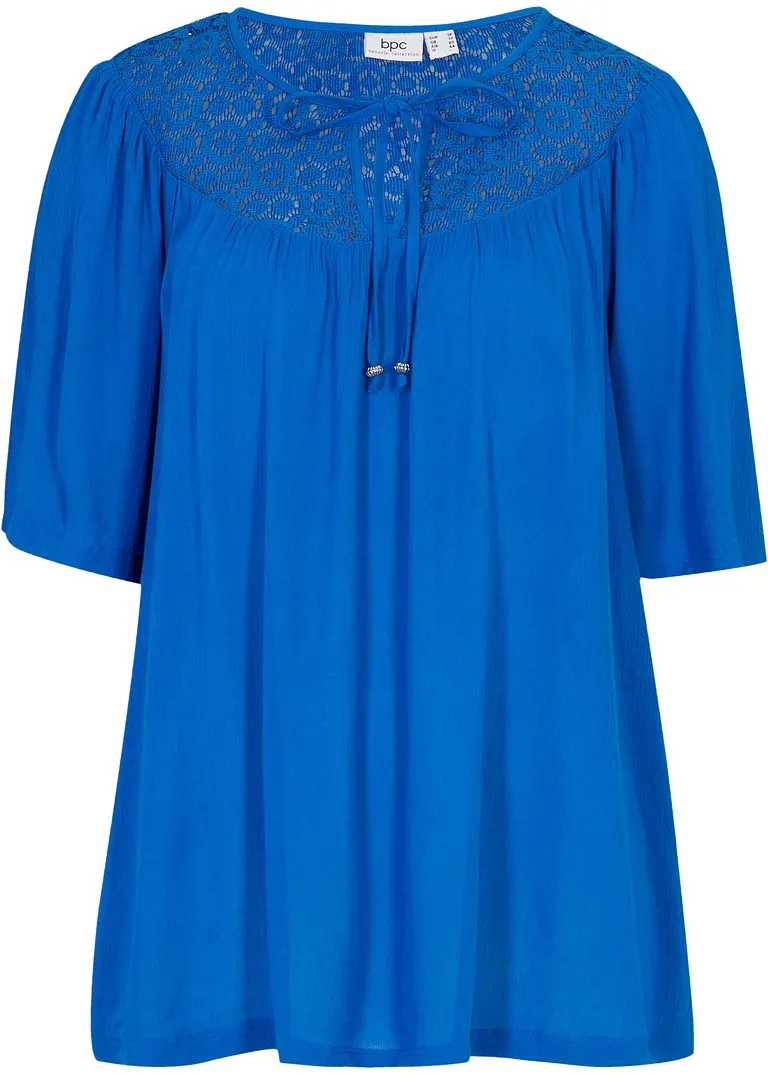 Long-Tunika aus Crinkle, halbarm in blau von vorne - bonprix