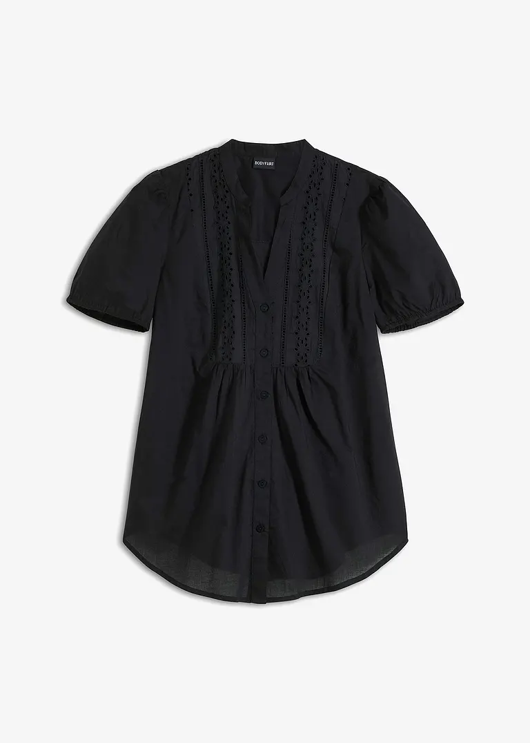Bluse mit Lochstickerei in schwarz von vorne - bonprix