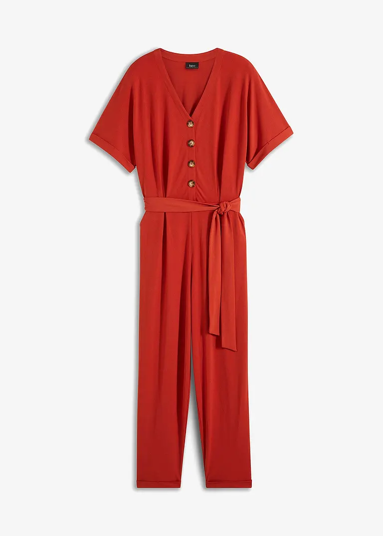 Jumpsuit aus Strukturjersey mit Bindegürtel , knöchelfrei in rot von vorne - bpc bonprix collection