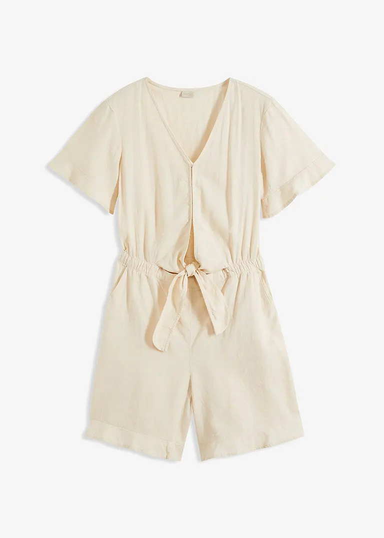 Jumpsuit mit Knoten-Effekt, Leinen-Mix in beige von vorne - BODYFLIRT boutique