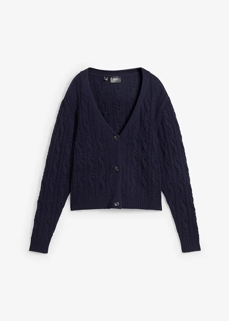 Strickjacke mit Zopfmuster in blau von vorne - bonprix