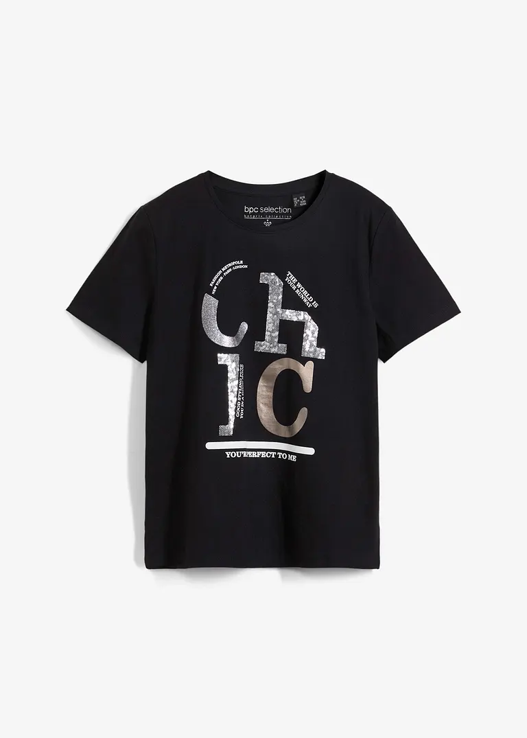 T-Shirt mit Glitzerdruck in schwarz von vorne - bonprix