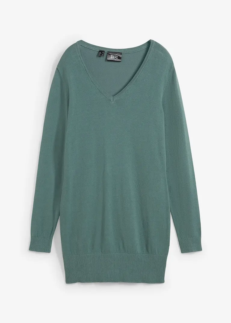 Basic Longpullover mit V-Ausschnitt in grün von vorne - bonprix