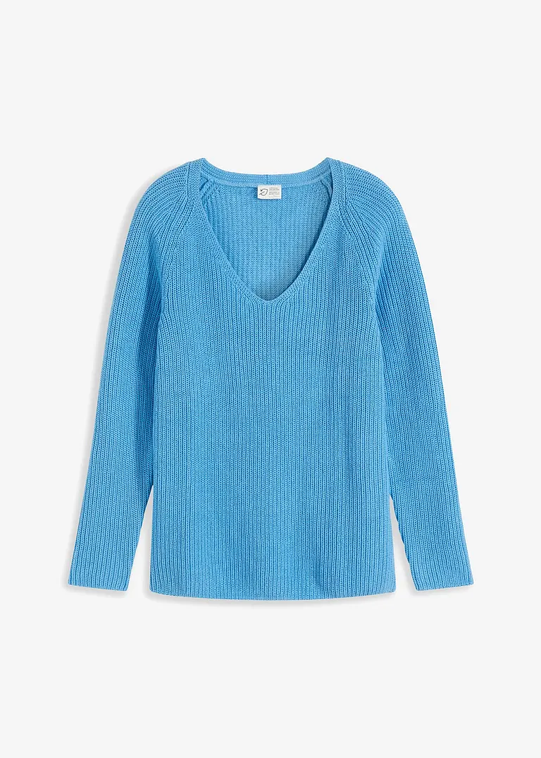 Gerippter Pullover aus reiner Baumwolle in blau von vorne - bonprix