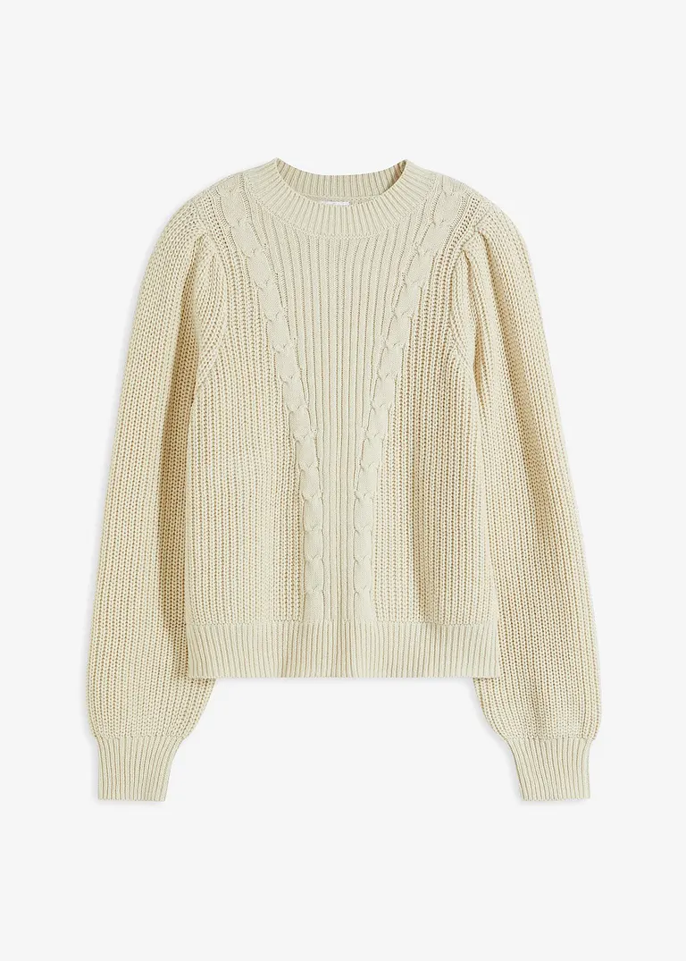 Grobstrick-Pullover mit Ballonärmeln in beige von vorne - bonprix