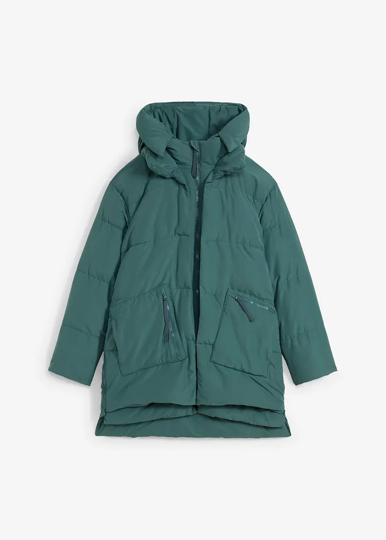 Oversize Winterjacke mit Kapuze aus recyceltem Polyester in grün von vorne - bonprix