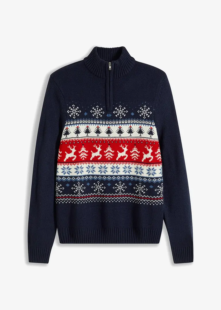 Norweger-Pullover mit Troyerkragen in blau von vorne - bonprix