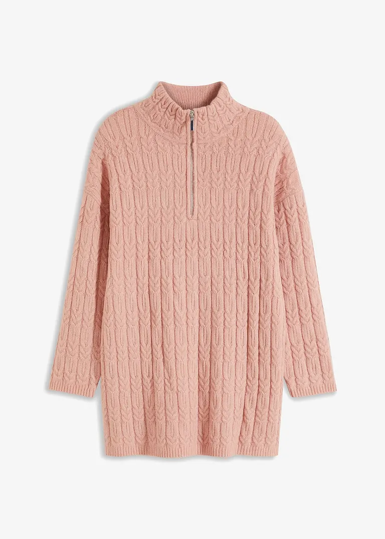 Langer Pullover mit Zopfmuster in rosa von vorne - bonprix