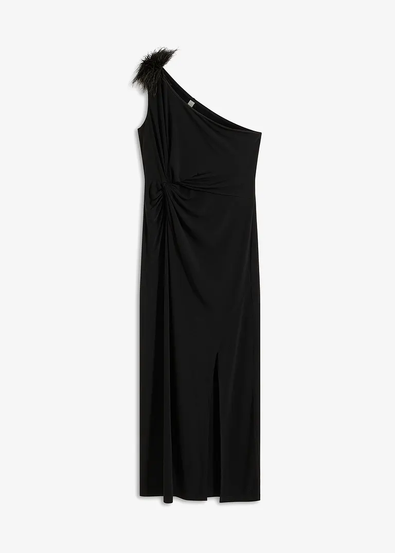 One-Shoulder-Kleid mit Detail aus Kunstfedern in schwarz von vorne - bonprix
