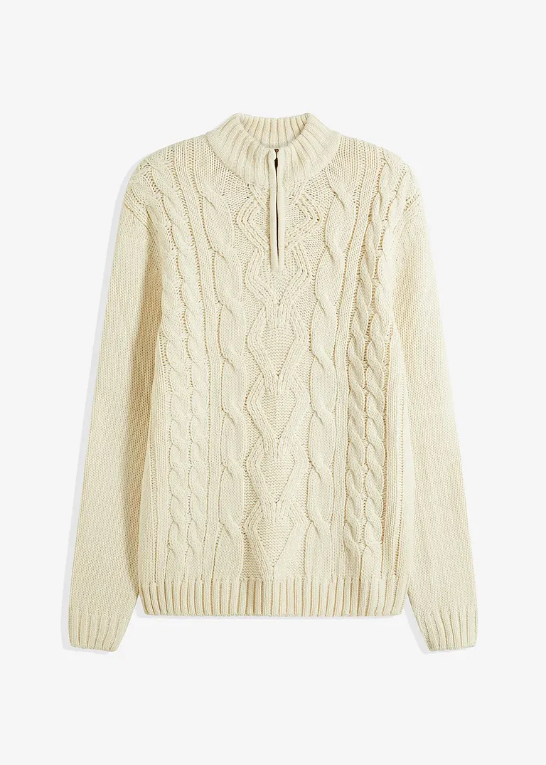 Troyer Pullover mit Zopfmuster in beige von vorne - bonprix