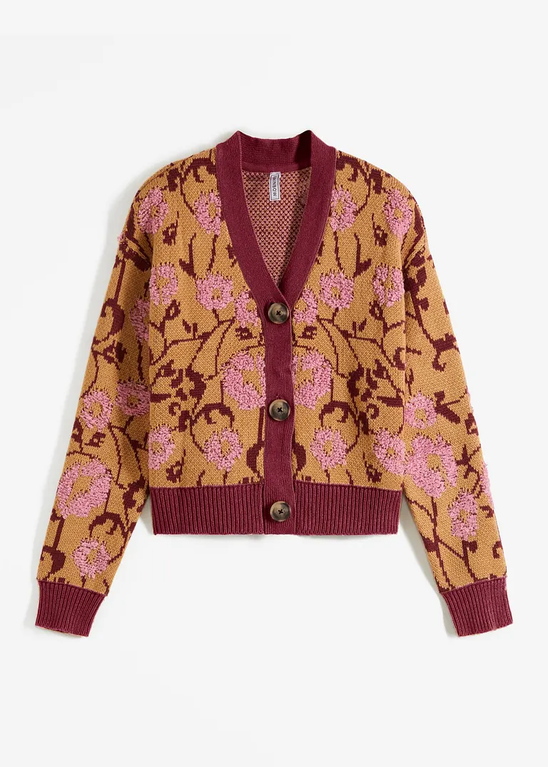 Geblümte Grobstrickjacke in braun von vorne - bonprix