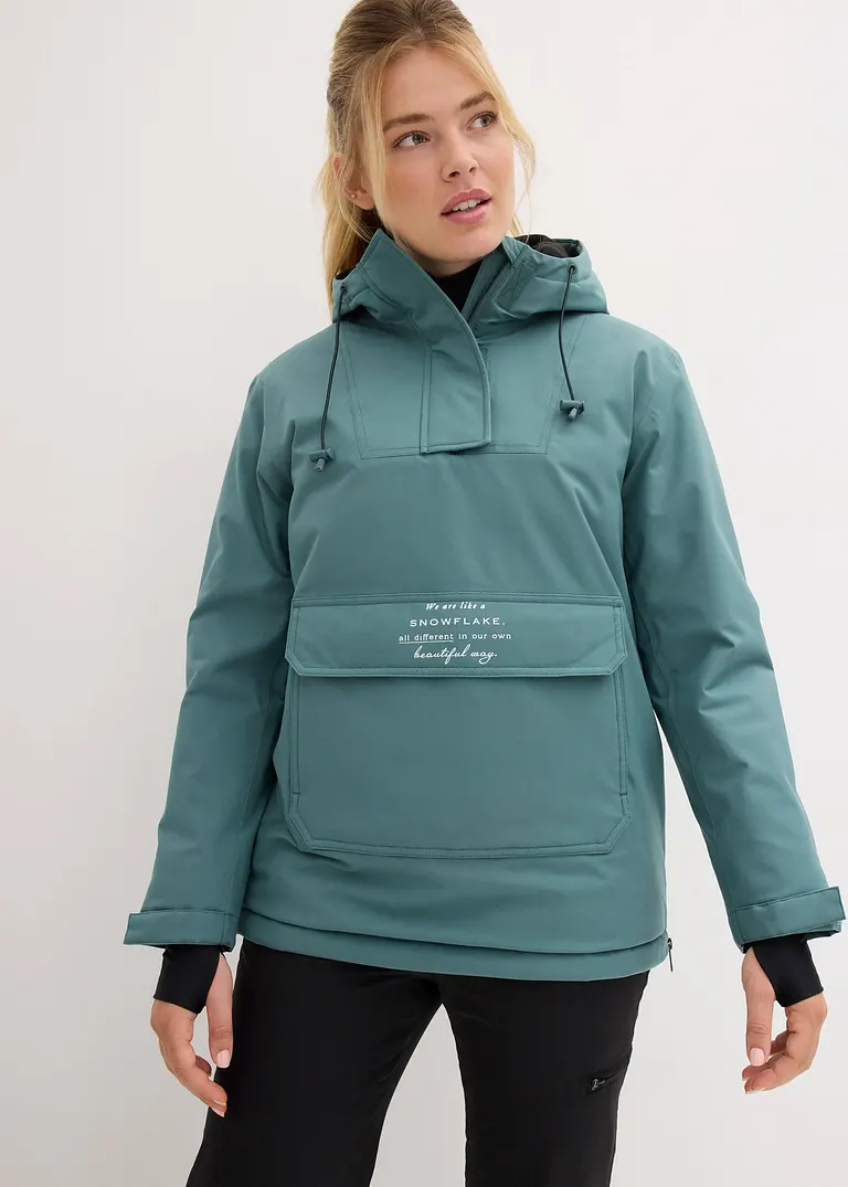 Ski Funktions-Schlupfjacke mit Fleece-Futter, wasserdicht, Oversized in grün von vorne (im Anschnitt) - bonprix