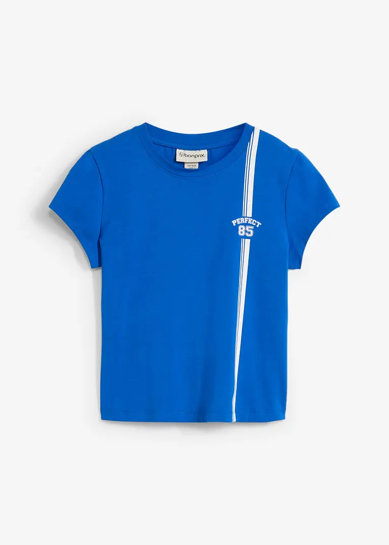 Kurzes T-Shirt mit Druck in blau von vorne - bonprix