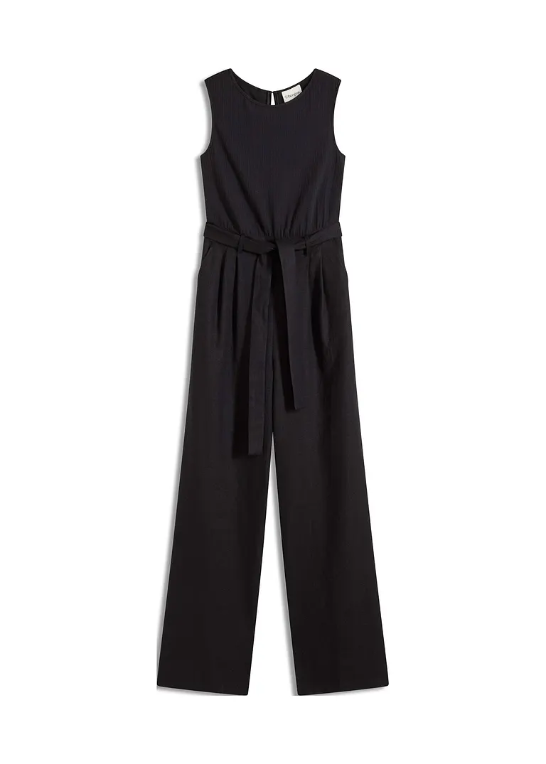 Jumpsuit aus Jersey-Leinen-Mix in schwarz von vorne - bonprix