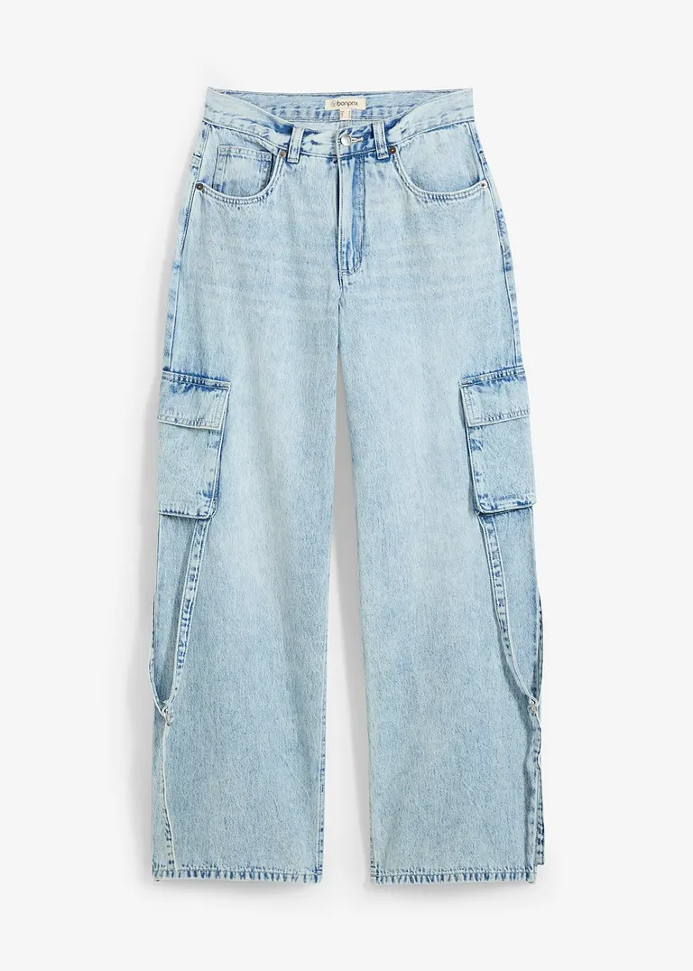 Cargo Jeans Mid Waist, Low Stretch Full Length in blau von vorne - bonprix