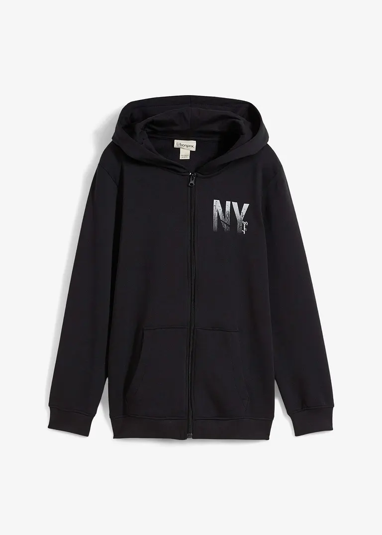 Kapuzen-Sweatjacke aus weichem Baumwoll-Mix in schwarz von vorne - bonprix