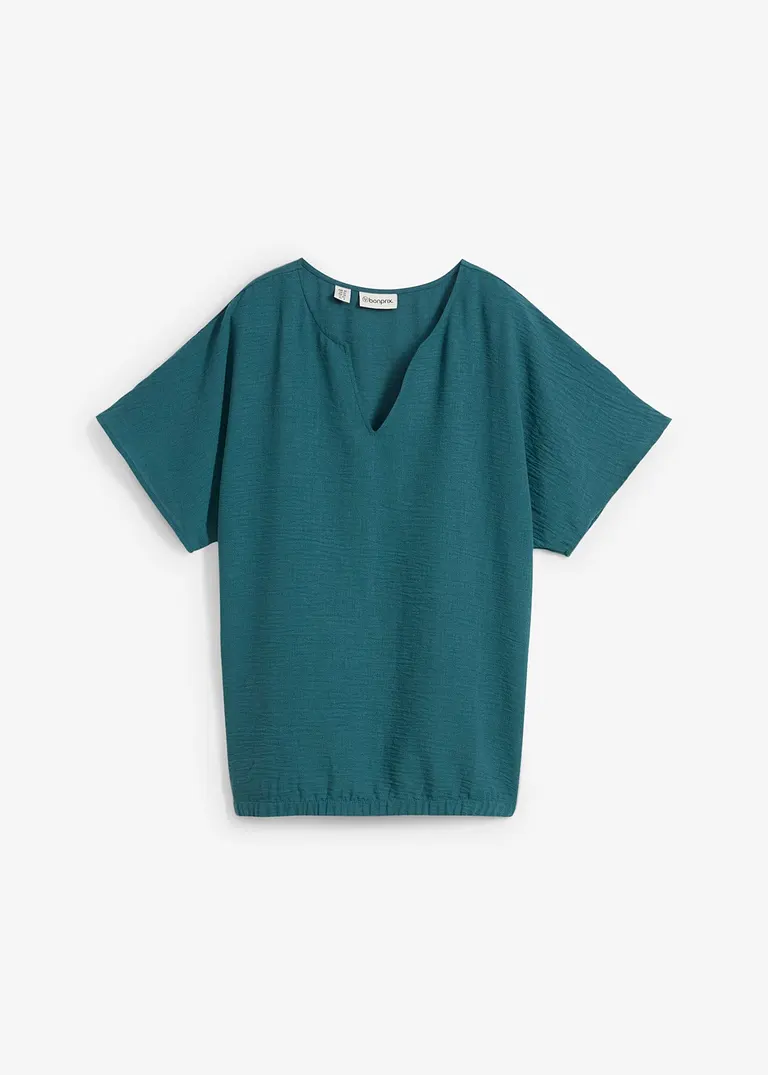 Oversize-Bluse mit Elastiksaum in petrol von vorne - bonprix