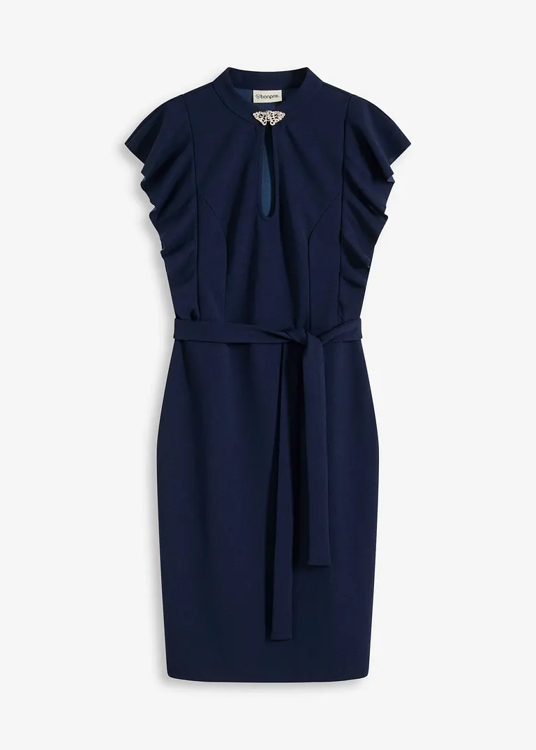 Etuikleid mit Accessoire-Verschluss am Ausschnitt in blau von vorne - bonprix