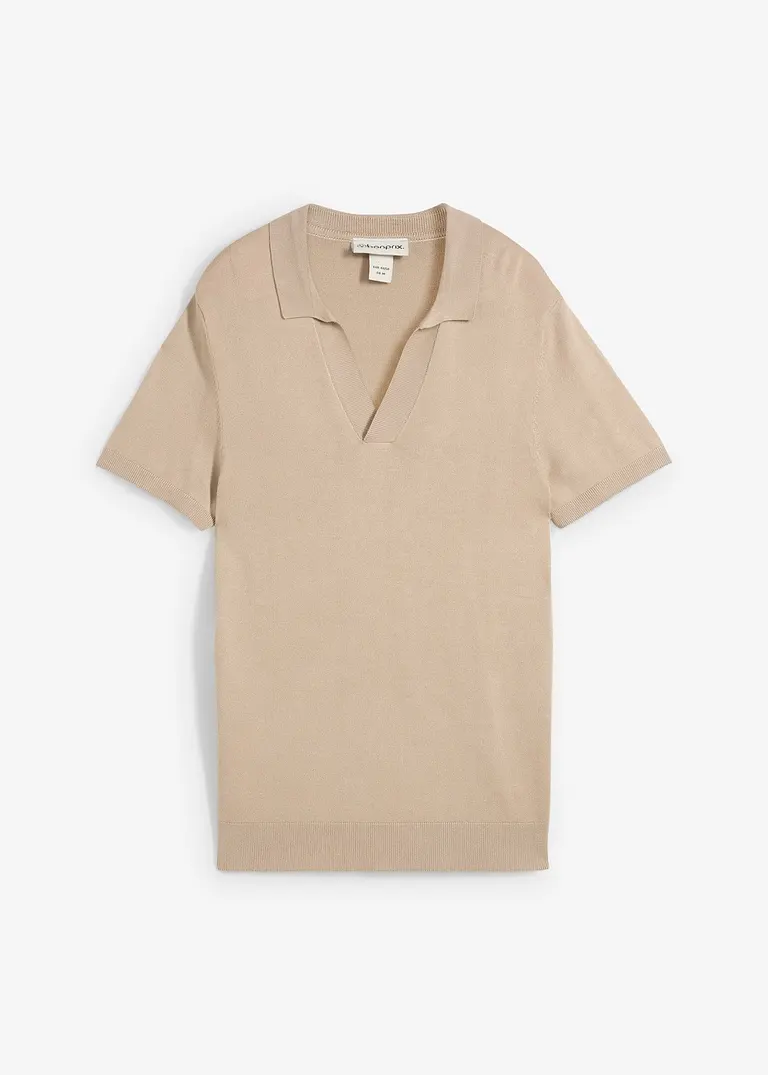 Sommerliches Feinstrick-Poloshirt in beige von vorne - bonprix