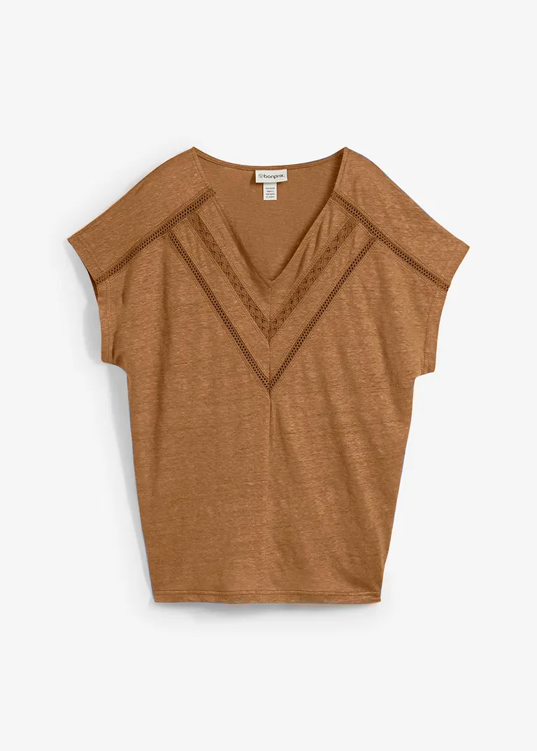 T-Shirt aus reinem Leinen mit Spitze in braun von vorne - bonprix