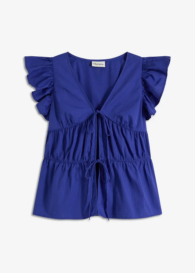 Bluse mit Bindebändern aus reiner Baumwolle in blau von vorne - bonprix