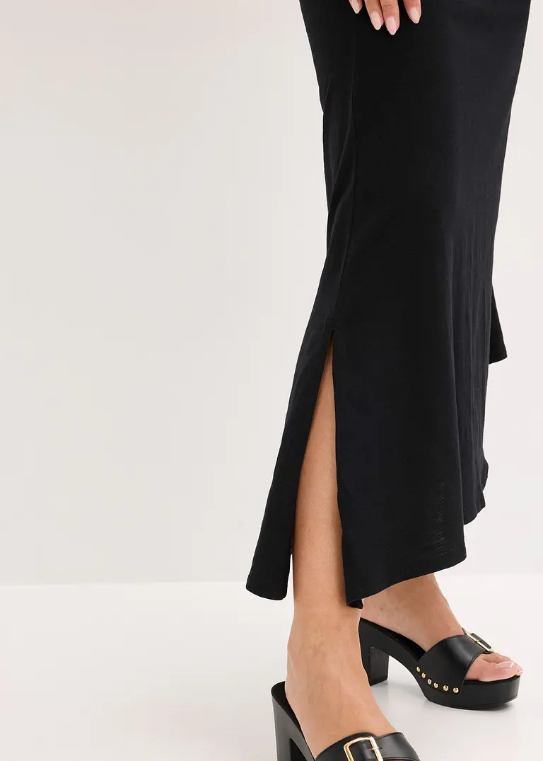 Jerseykleid mit asymmetrischem Saum und Knotendetail auf der Schulter aus Baumwolle in schwarz (Detailaufnahme) - bonprix