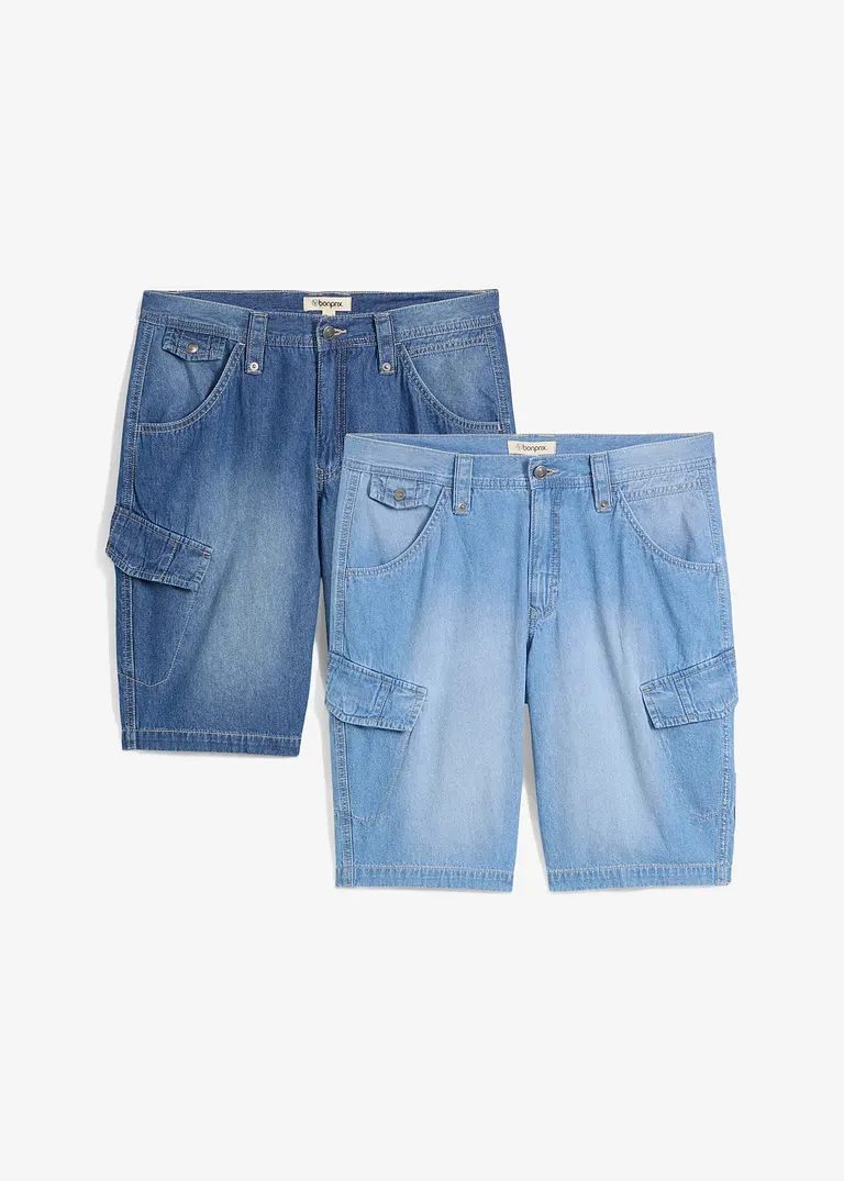 Leichte Jeans-Cargobermuda aus reiner Baumwolle, Relaxed Fit (2er Pack) in blau von vorne - bonprix