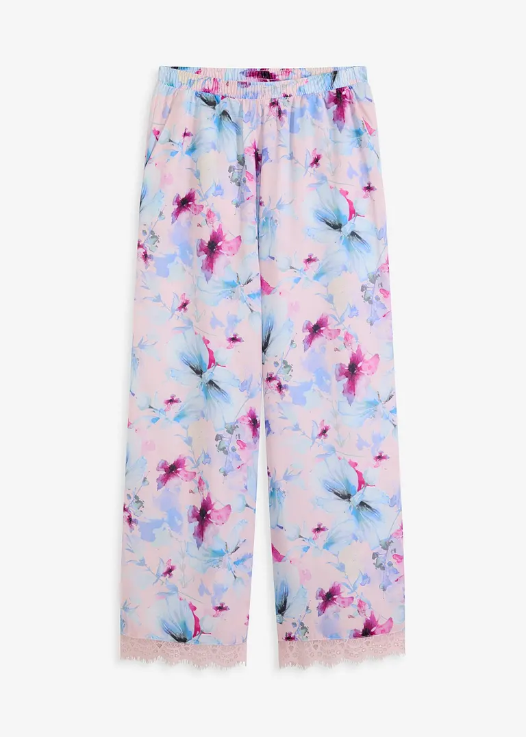 Lange Pyjamahose aus glänzendem Satin in rosa von vorne - bonprix