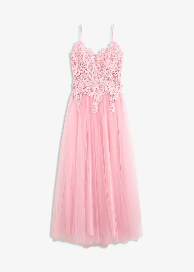 Maxikleid aus zartem Tüll mit Spitze in rosa von vorne - bonprix
