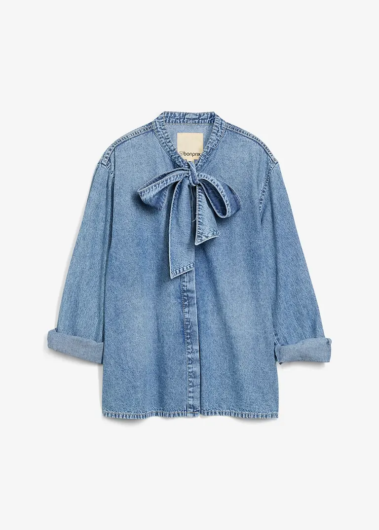 Jeansbluse mit Schleife in blau von vorne - bonprix
