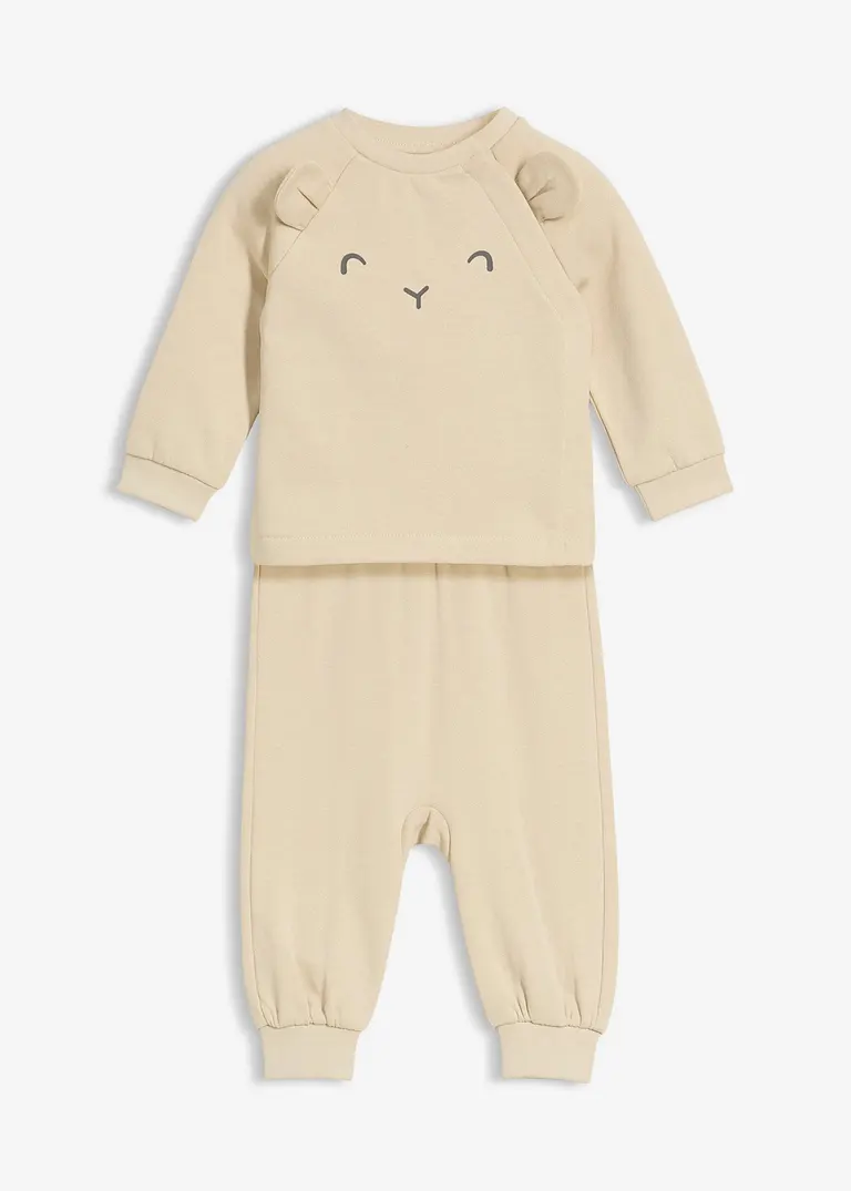 Sweatshirt und Hose mit Bio-Baumwolle (2-tlg.Set) in beige von vorne - bonprix