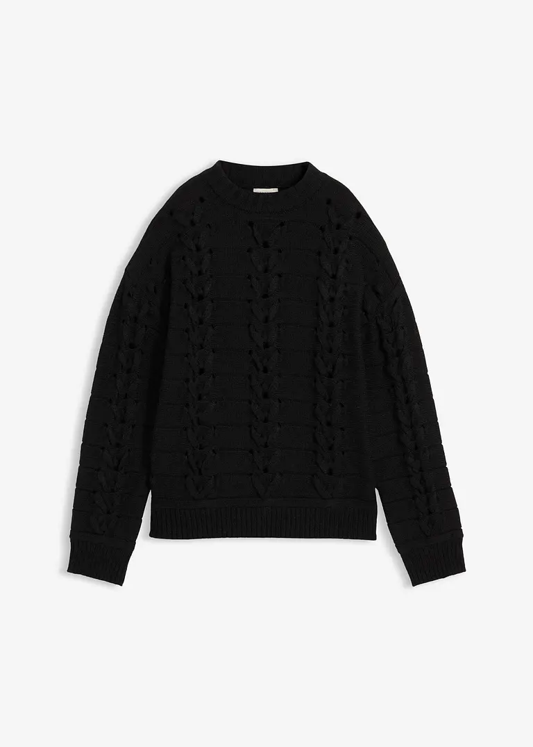 Grobstrick-Pullover mit Zopfmuster in schwarz von vorne - bonprix