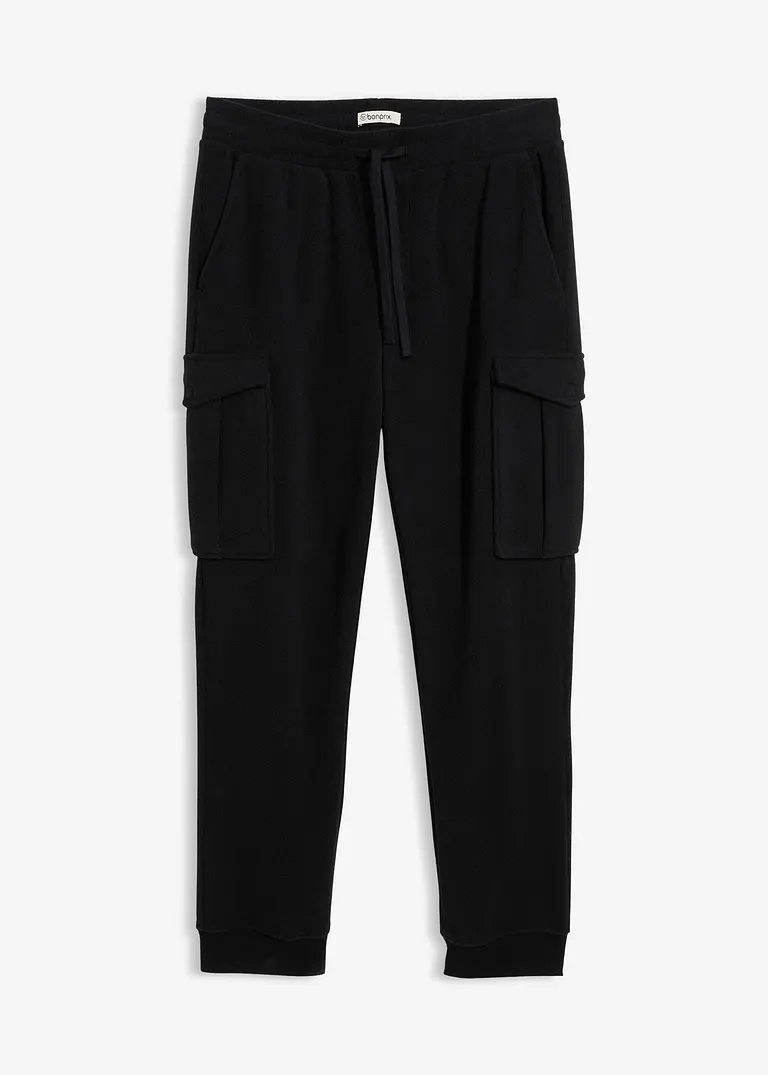wärmende Cargohose in Fleece-Qualität, Regular Fit in schwarz von vorne - bonprix