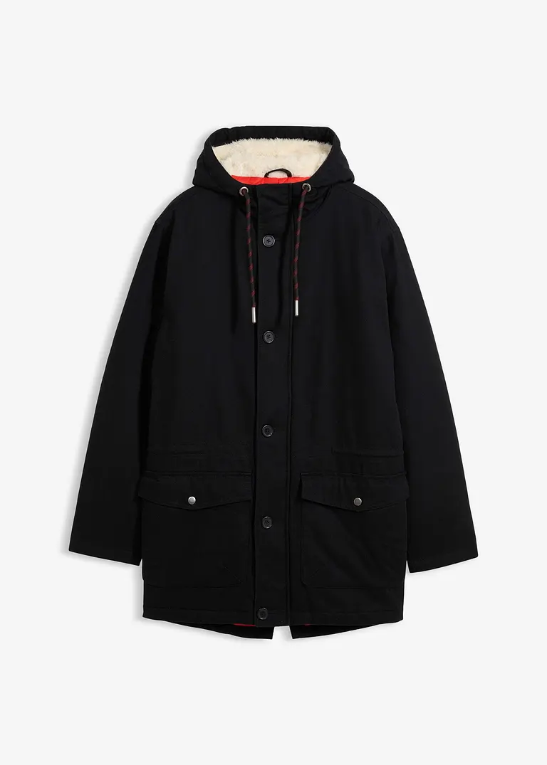 Winter-Parka mit Teddy-Kapuze in schwarz von vorne - bonprix