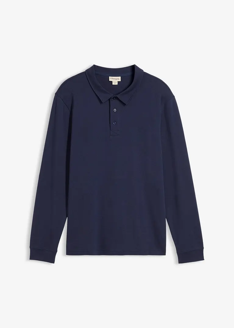 Langarm-Poloshirt aus reiner Bio-Baumwolle in blau von vorne - bonprix