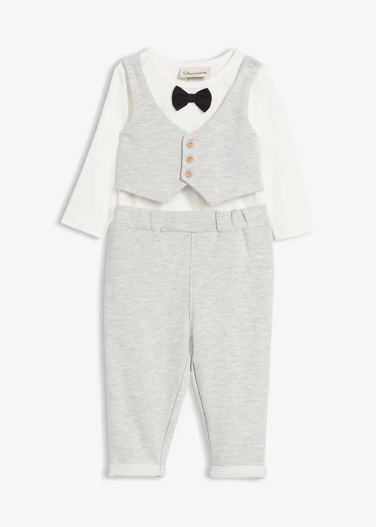 Fest-Set mit Body-Weste, Fliege und Hose aus reiner Bio-Baumwolle (3-tlg.Set) in grau von vorne - bonprix