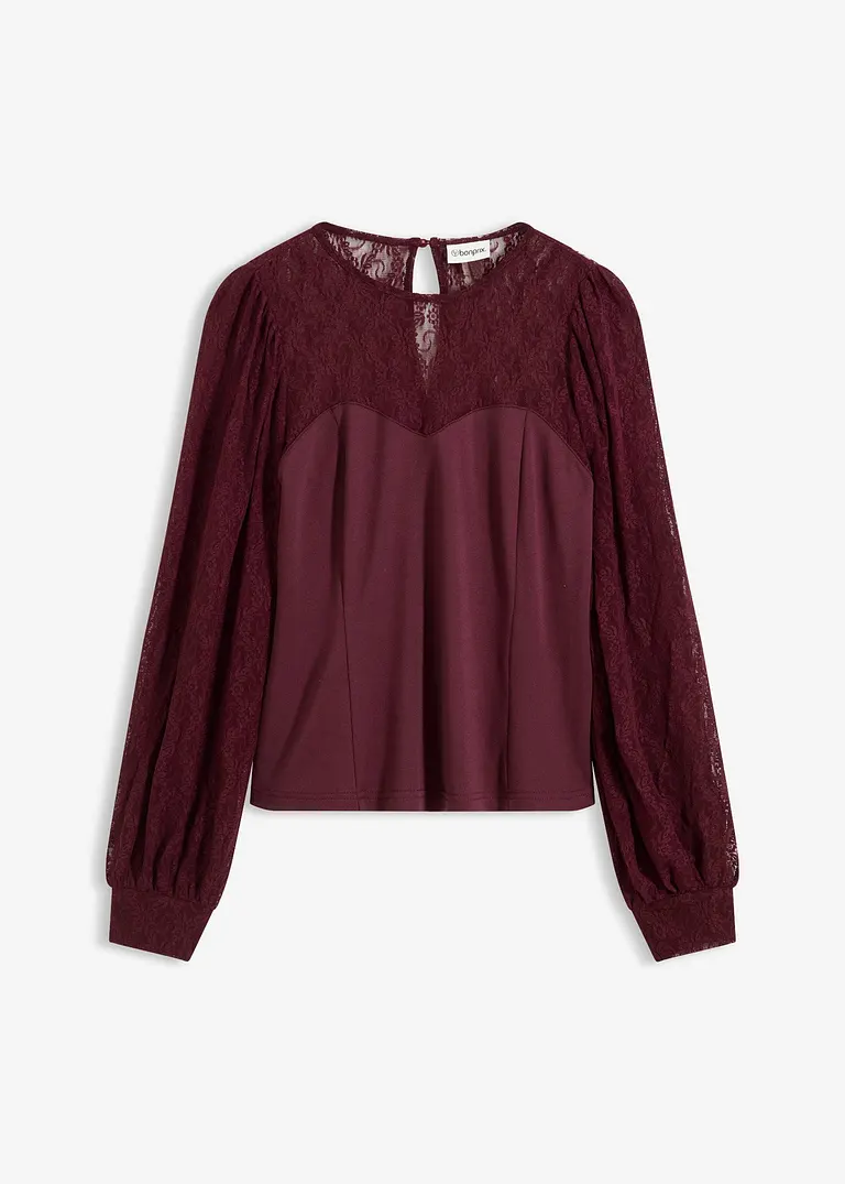 Langarmshirt mit Spitze in braun von vorne - bonprix