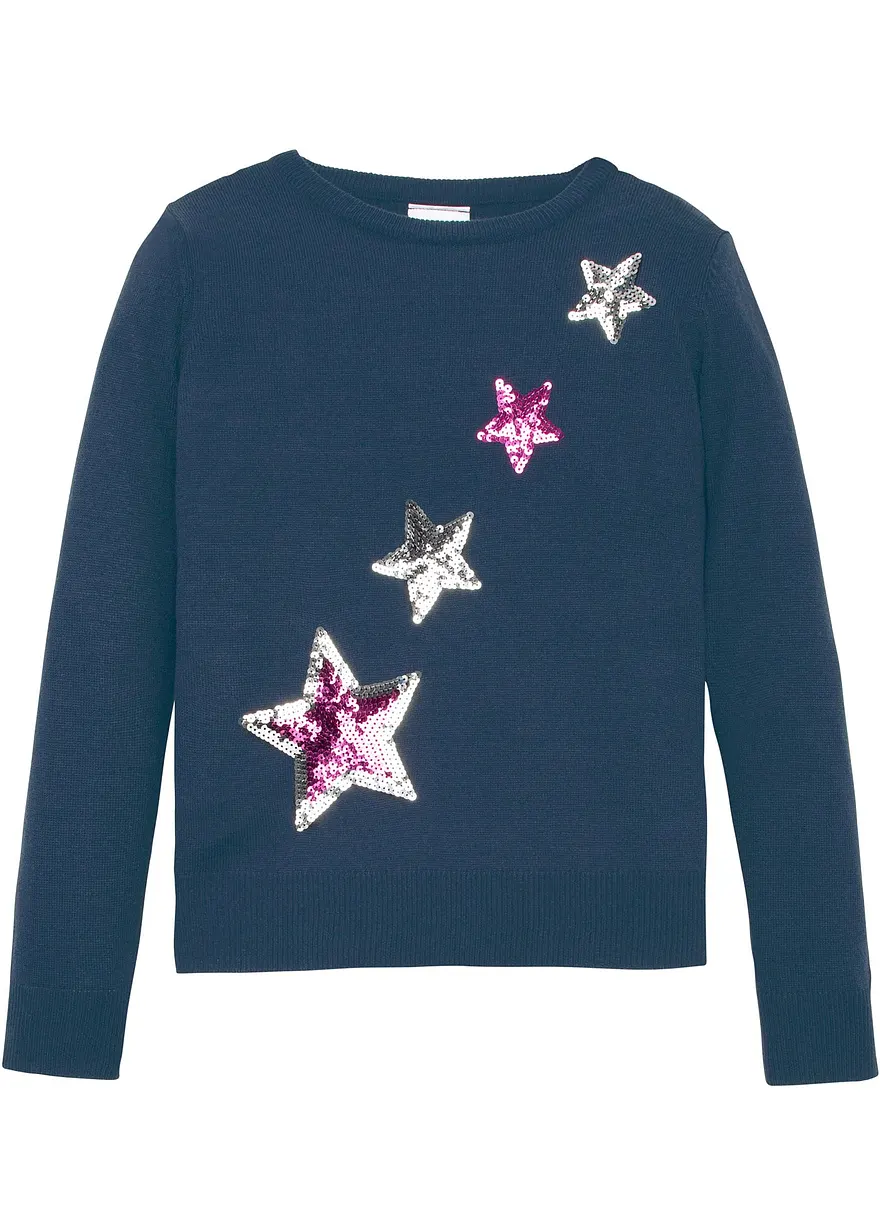 Feinstrickpullover mit Pailletten in blau von vorne - bonprix