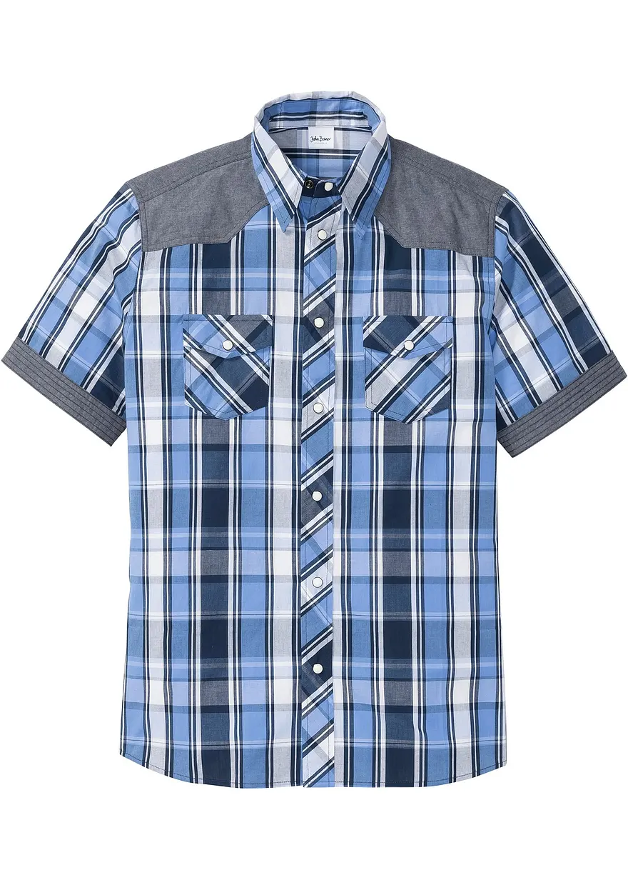 Kurzarmhemd mit Denim-Besatz in blau von vorne - bonprix