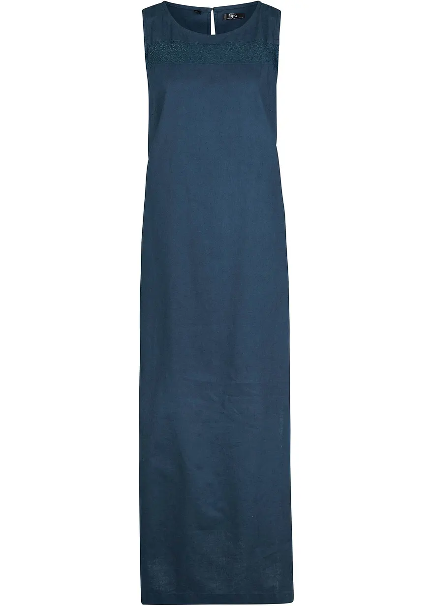 Maxi-Kleid mit Leinen, Lochmuster am Ausschnitt und Seitenschlitz in blau von vorne - bonprix